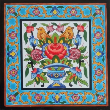 سرامیک طرح گل و مرغ نارنجی فیروزه ای ابعاد 20*20-کاشی امیری-Ceramic Flowers And Chickens Amiri Tile